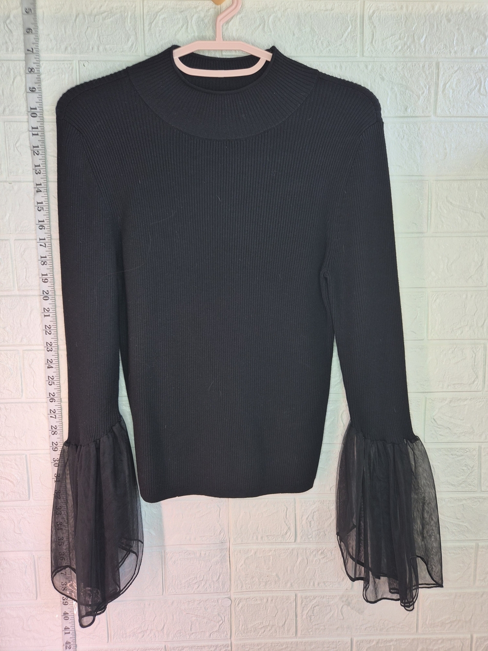Anthropologie Tulle Sleeve Sweater Bell Sleeve Cuffed Black Pullover Size M NEW